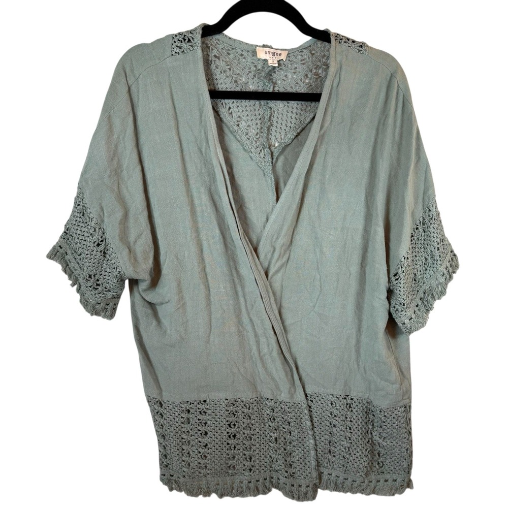 Umgee Kimono Cardigan Women's S Short Sleeve Linen Blend‎ Crochet Olive Green